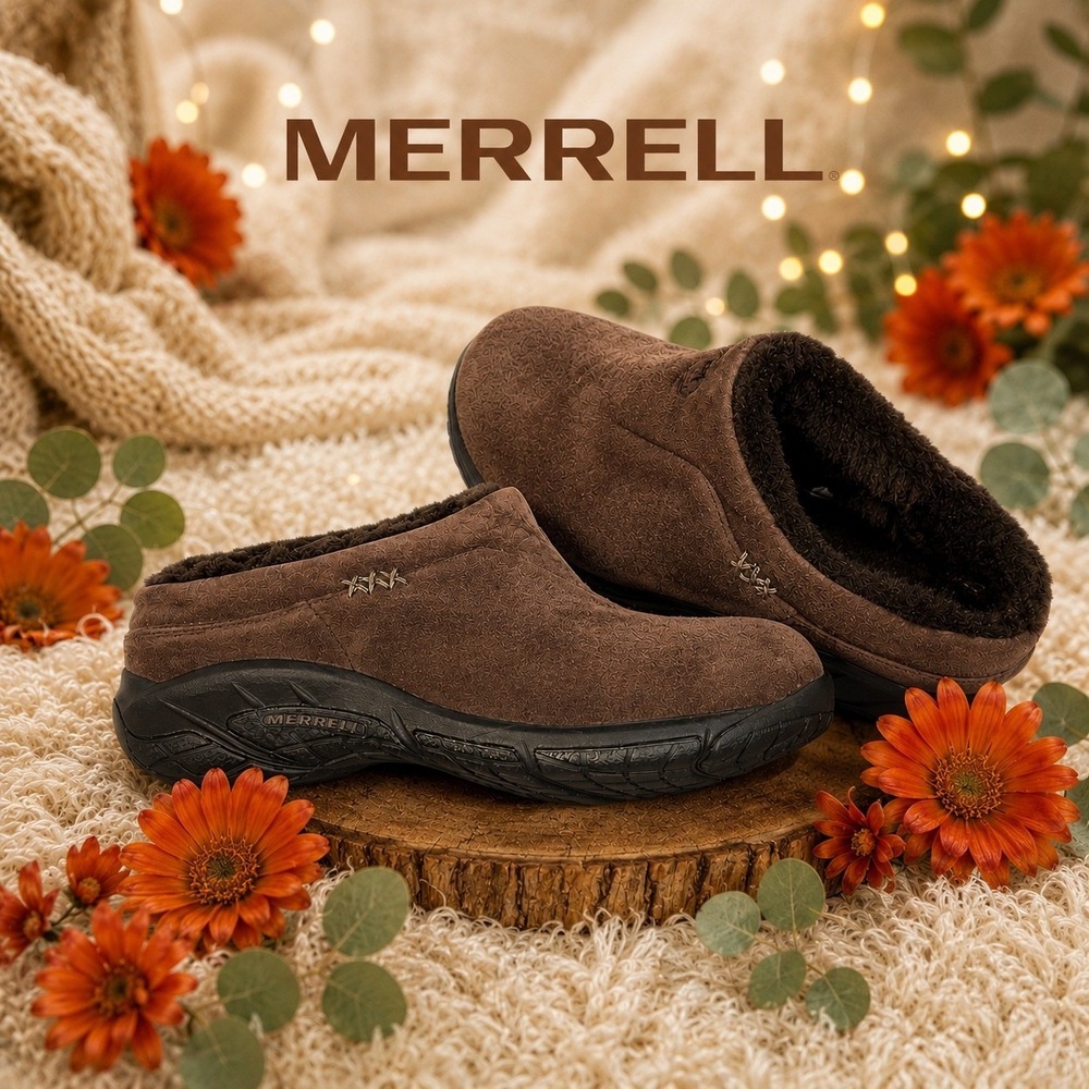 Merrell Encore Ice Brown Suede Faux Fur Lined Clogs Mules Womens 6.5 J42142